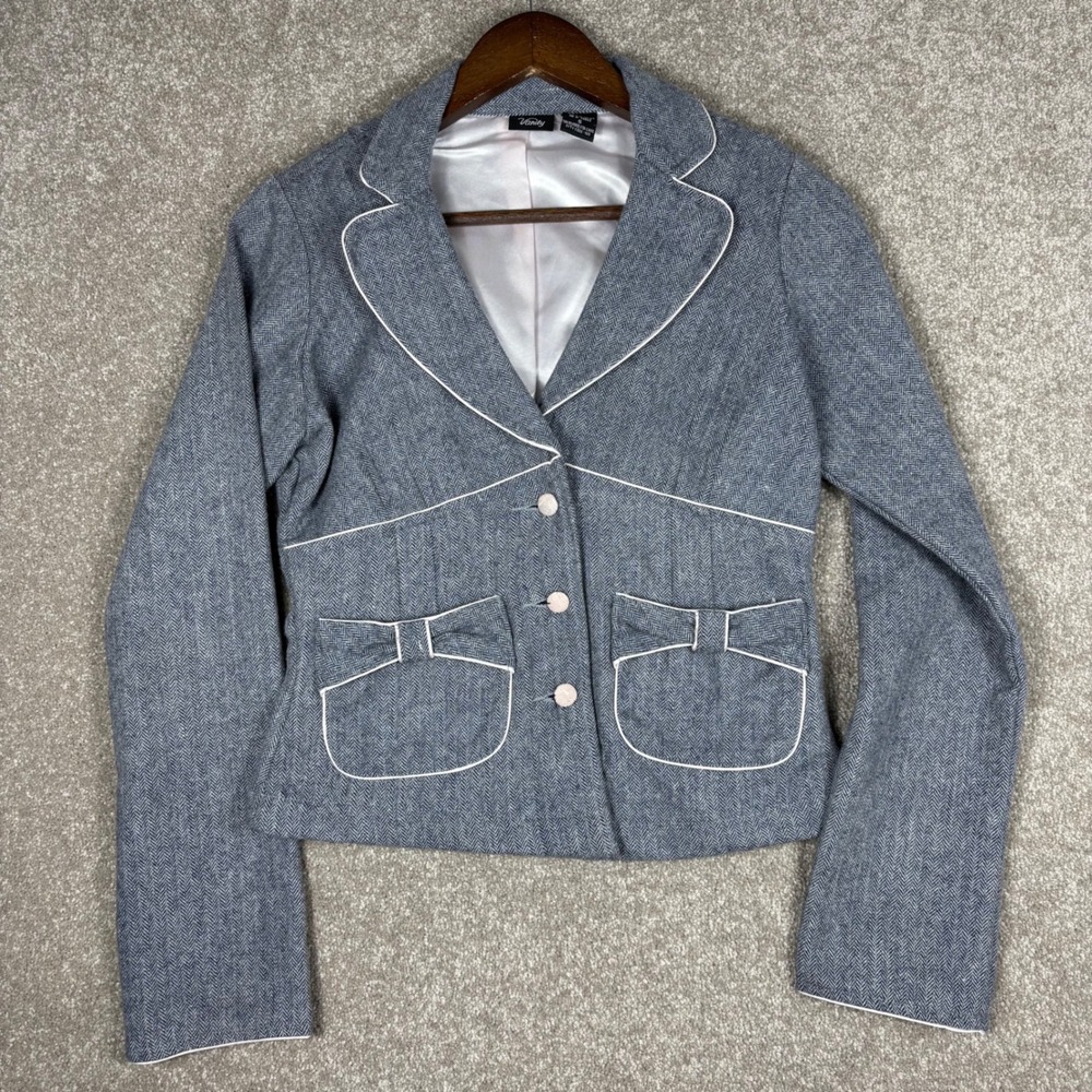 Vanity Office Siren Grey Herringbone Wool Blend Blazer Bow Pockets Piping Small